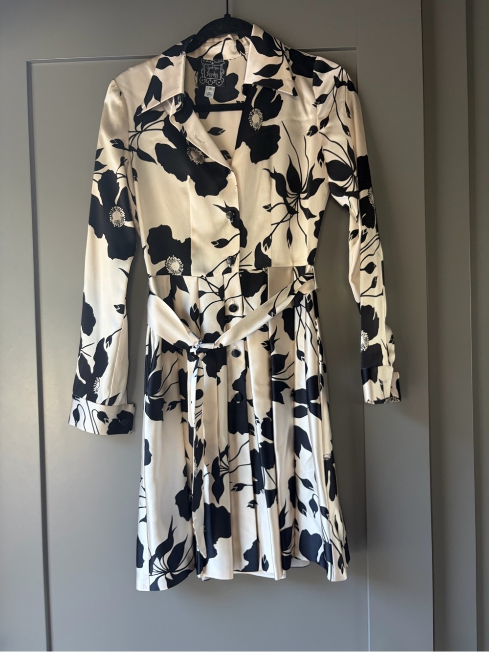 Cynthia Rowley Black and White Floral Long-Sleeve silk Shirt Dress